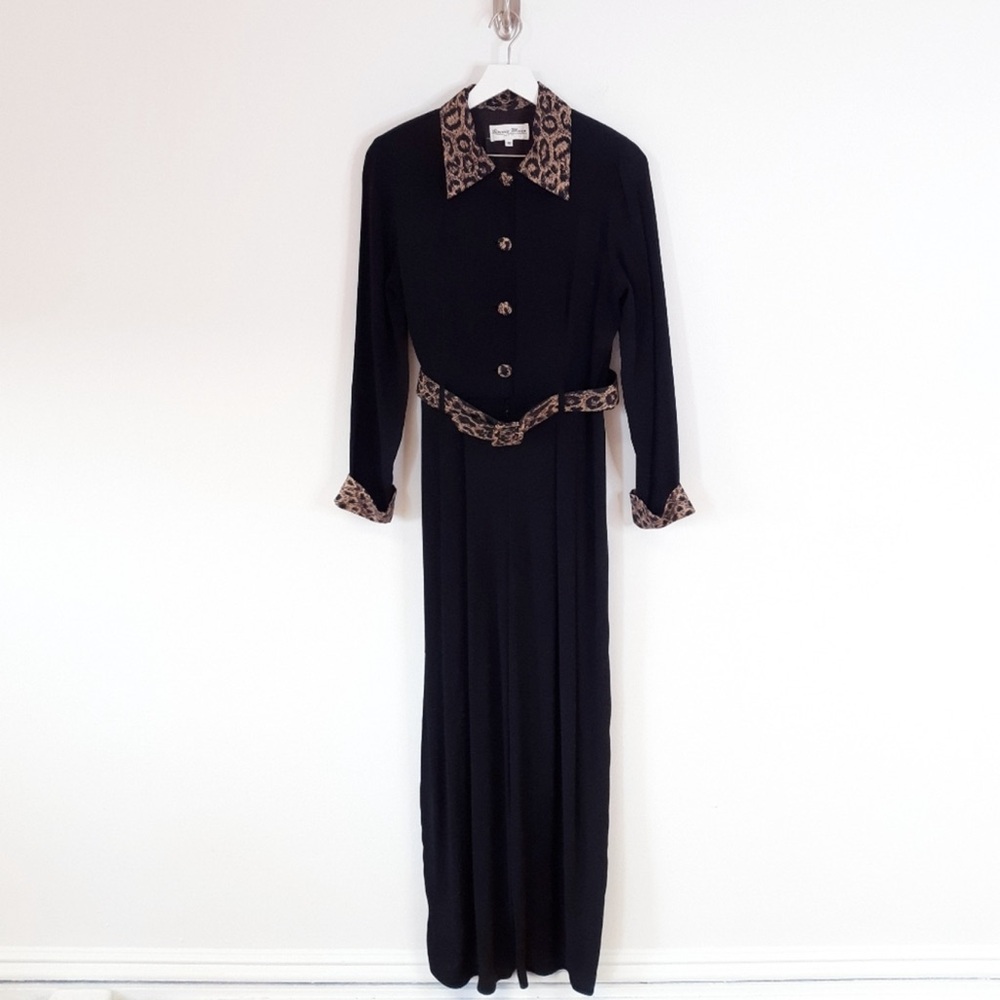 Vintage Bonnie Marx 80's Black Leopard Print Trim Jumpsuit Women’s 10 Petite